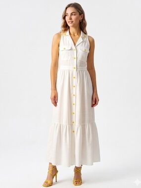 Style House Women White Sleeveless Maxi Dress with Yellow Button Detail Sz Small
